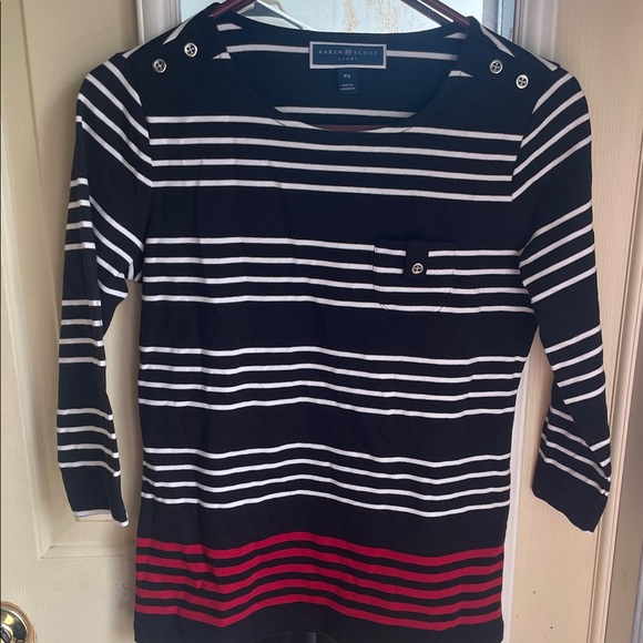 Karen Scott Sweaters - Karen Scott Women's Navy and Red Striped Crew Neck Sweater